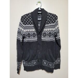 On The Byas Cardigan Sweater Mens Small Charcoal Grey Fair Isle Shawl Collar